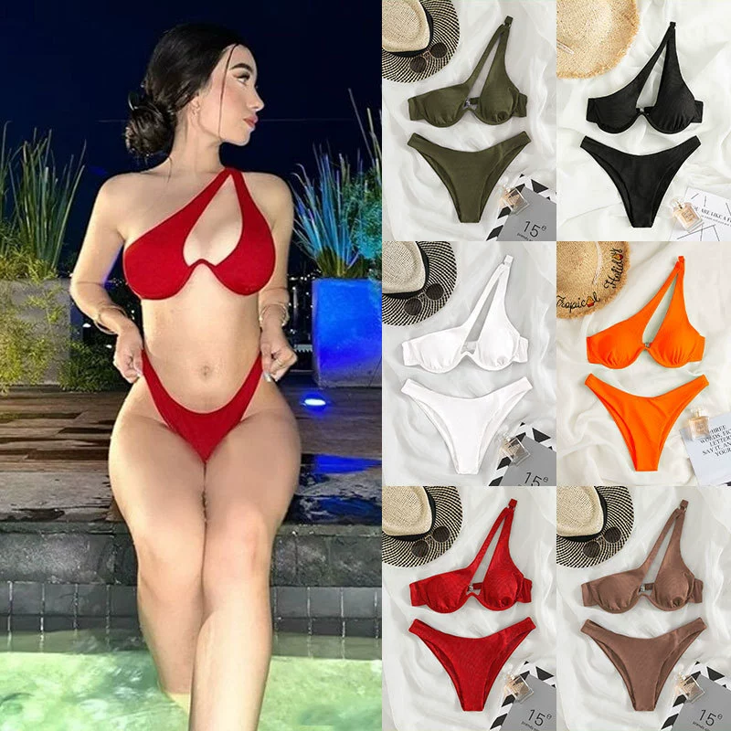 Asymmetric One-Shoulder Underwire Bikini Set with High-Waist Bottoms