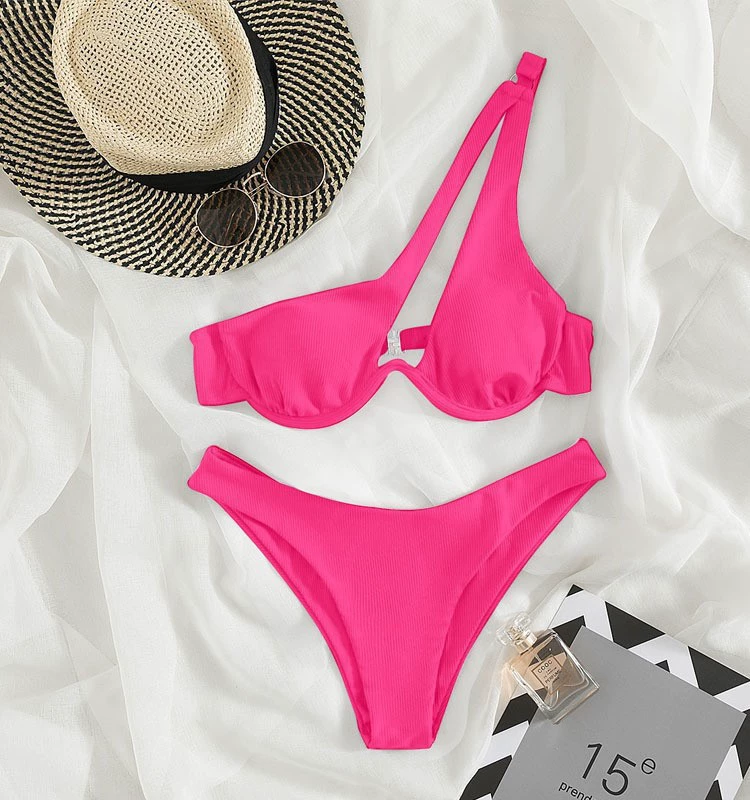 Asymmetric One-Shoulder Underwire Bikini Set with High-Waist Bottoms view 12