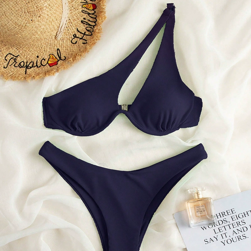 Asymmetric One-Shoulder Underwire Bikini Set with High-Waist Bottoms view 13