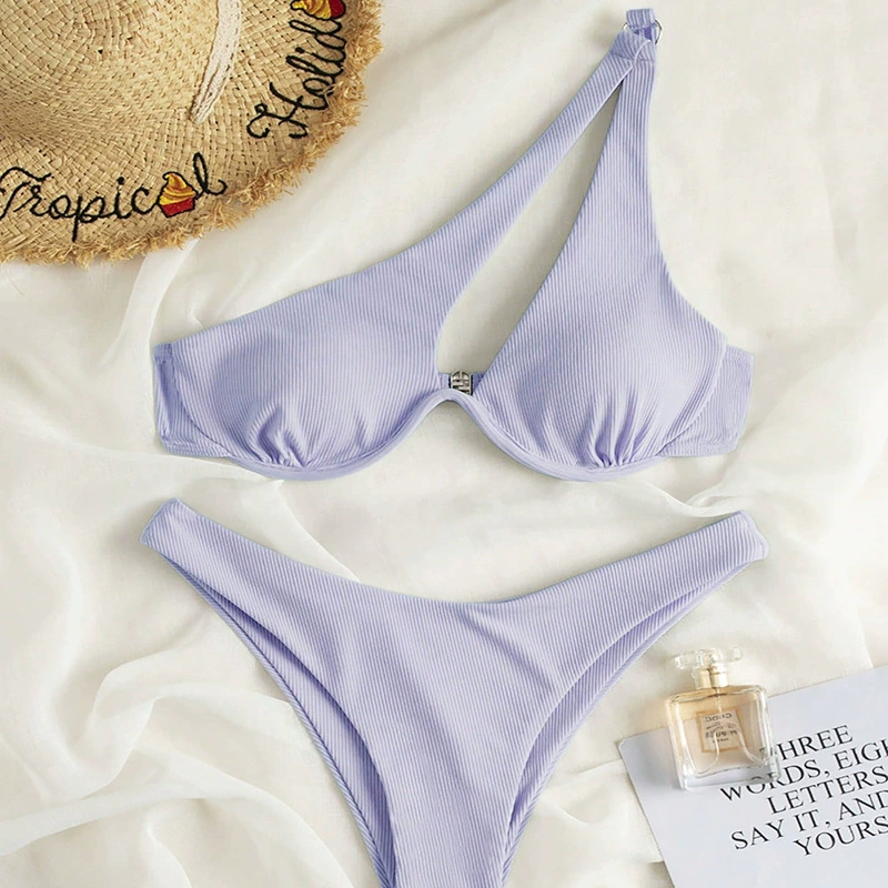 Asymmetric One-Shoulder Underwire Bikini Set with High-Waist Bottoms view 15