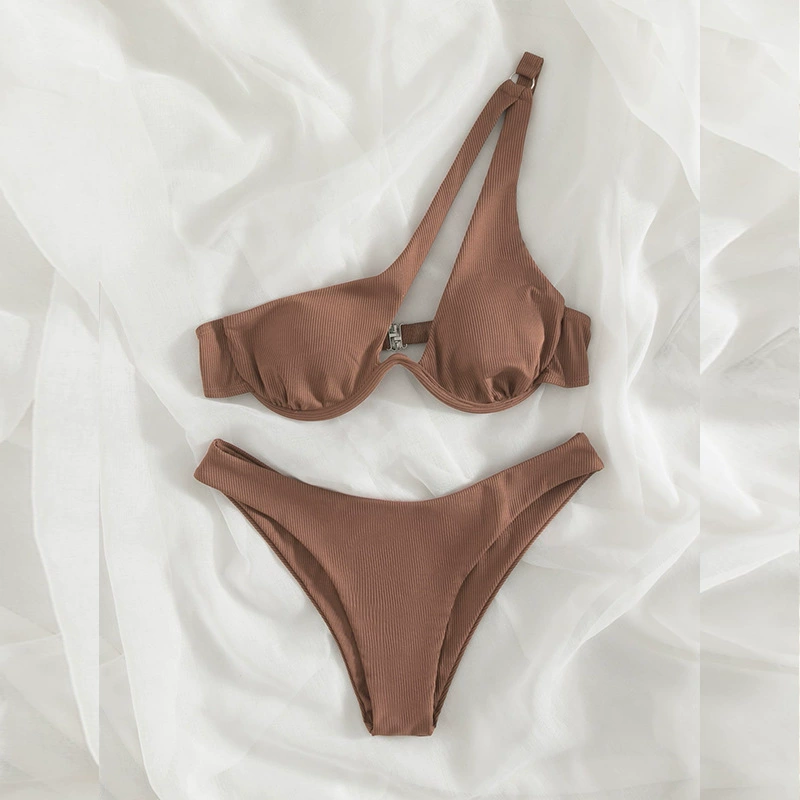Asymmetric One-Shoulder Underwire Bikini Set with High-Waist Bottoms view 9