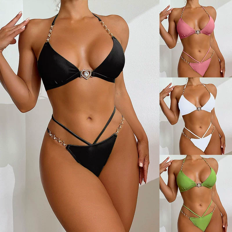 Chain Detail Triangle Bikini Set with Heart Charm
