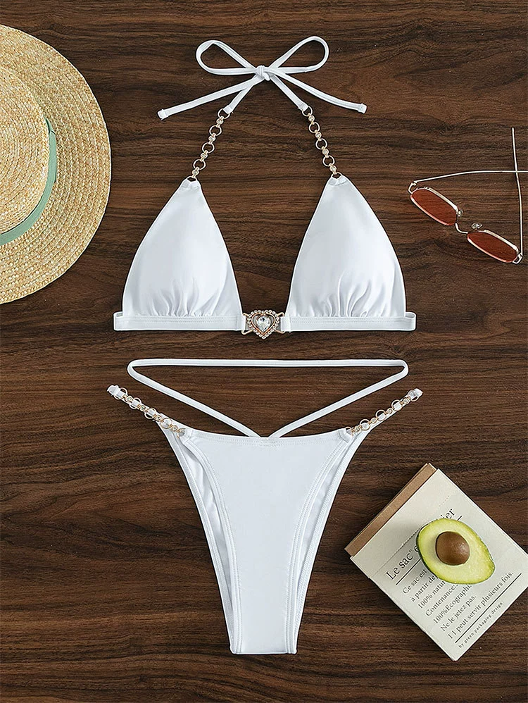 Chain Detail Triangle Bikini Set with Heart Charm view 6