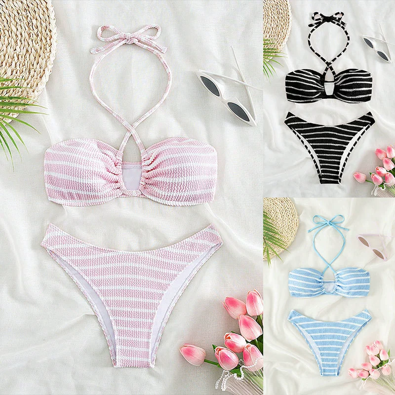Women’s Halter Bikini Set with Front Keyhole Cutout and High-Cut Bottoms