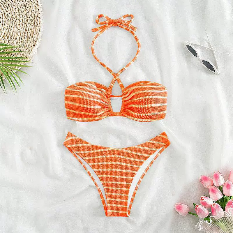 Women’s Halter Bikini Set with Front Keyhole Cutout and High-Cut Bottoms