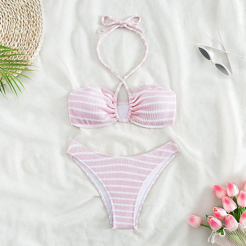 Women's Halter Bikini Set with Front Keyhole Cutout and High-Cut Bottoms view 4
