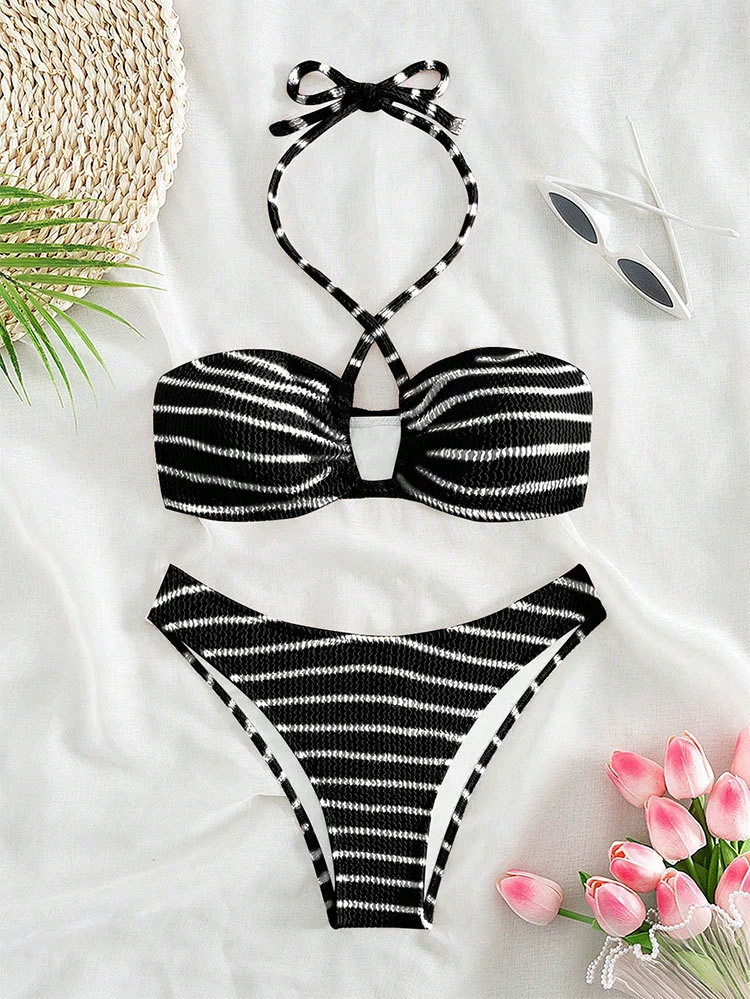 Women's Halter Bikini Set with Front Keyhole Cutout and High-Cut Bottoms view 7