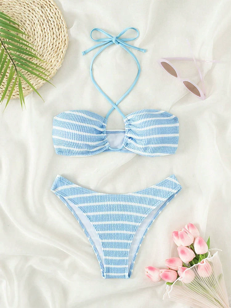 Women's Halter Bikini Set with Front Keyhole Cutout and High-Cut Bottoms view 8