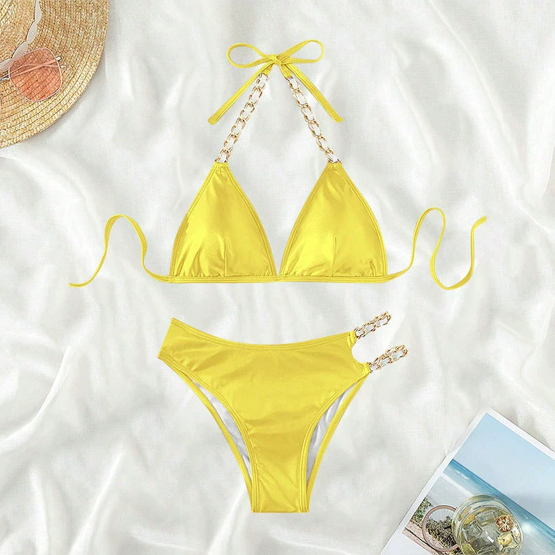 Halter Triangle Bikini Set with Chain Detail