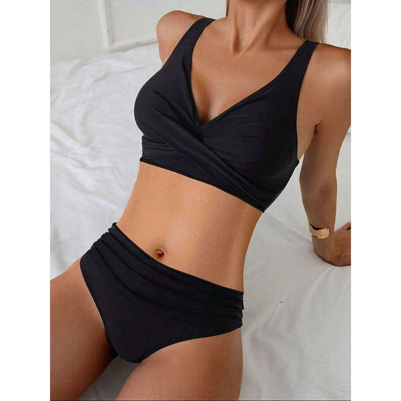 Women’s V-Neck Bikini Set with High Waist Ruched Bottom