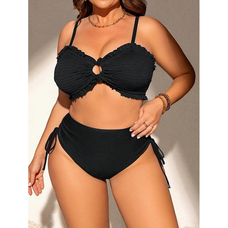 Ruffled Smocked Bikini with Side-Tie High-Waist Bottoms