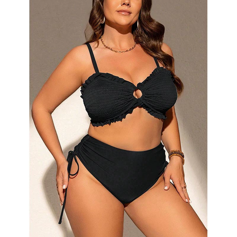 Ruffled Smocked Bikini with Side-Tie High-Waist Bottoms