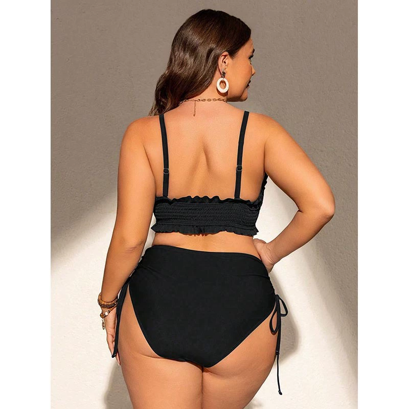 Ruffled Smocked Bikini with Side-Tie High-Waist Bottoms view 3