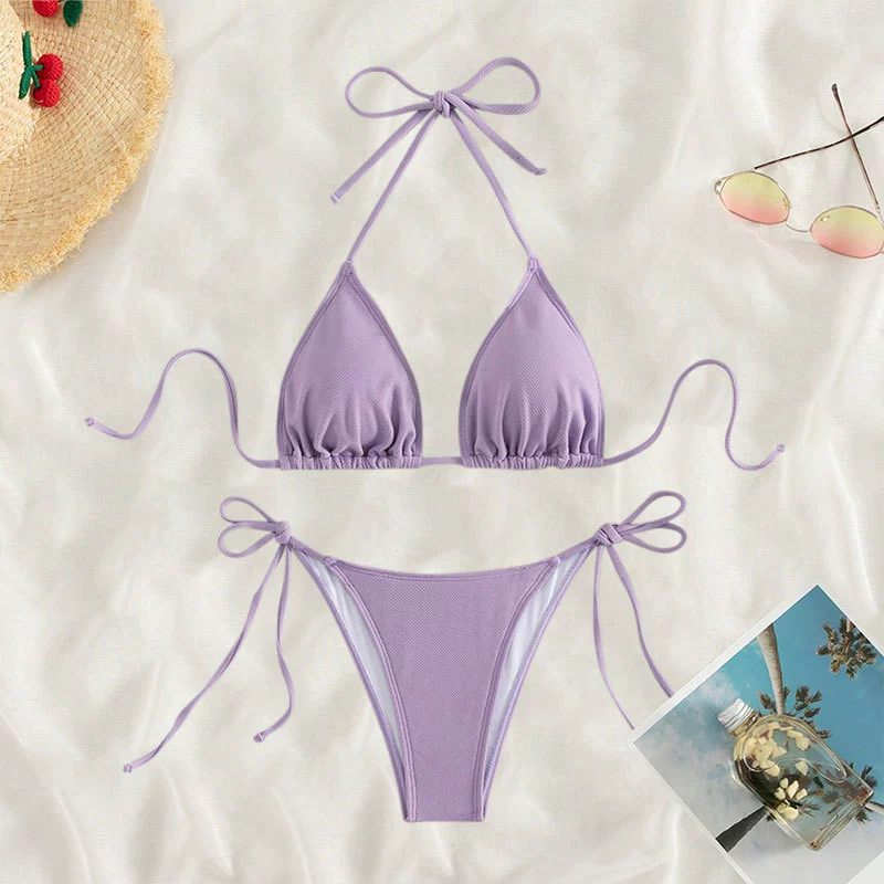 Two-Piece Halter Triangle Bikini with Side Tie Bottoms