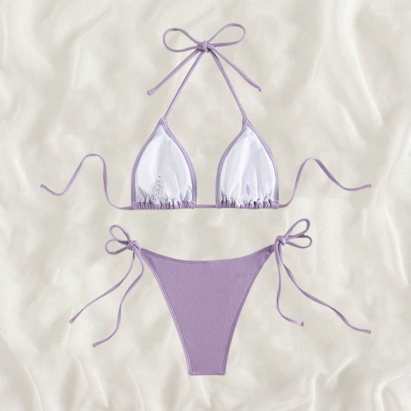 Two-Piece Halter Triangle Bikini with Side Tie Bottoms