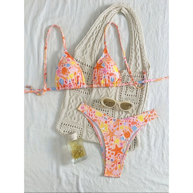Two-Piece Triangle Halter Bikini Set with High-Cut Bottom