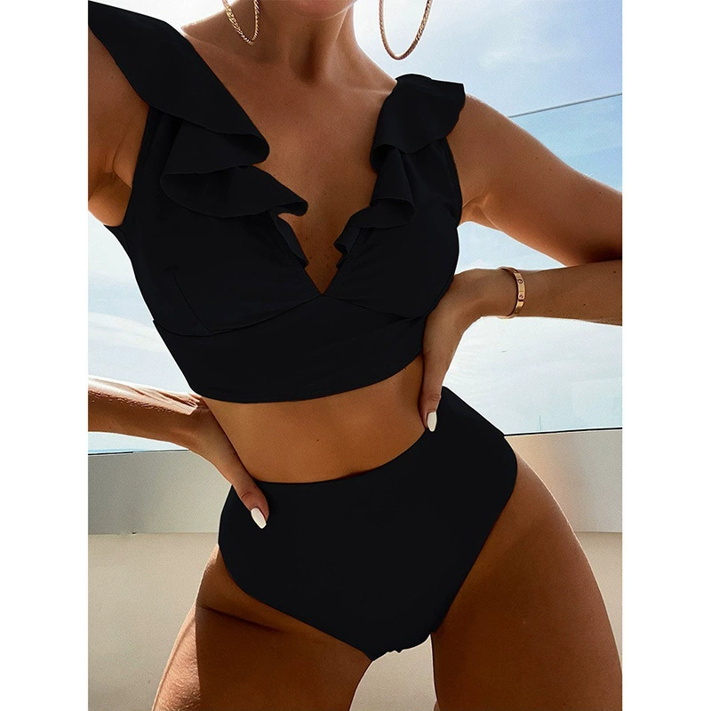 Ruffled Shoulder Deep V-Neck High-Waist Bikini Set