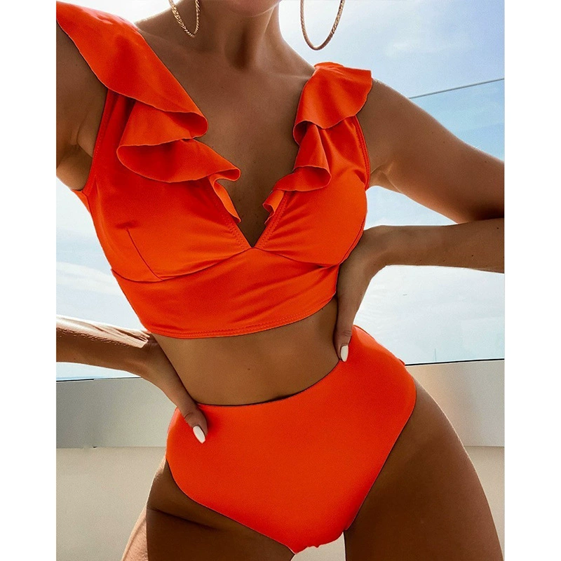 Ruffled Shoulder Deep V-Neck High-Waist Bikini Set view 3