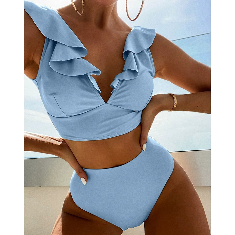 Ruffled Shoulder Deep V-Neck High-Waist Bikini Set view 4