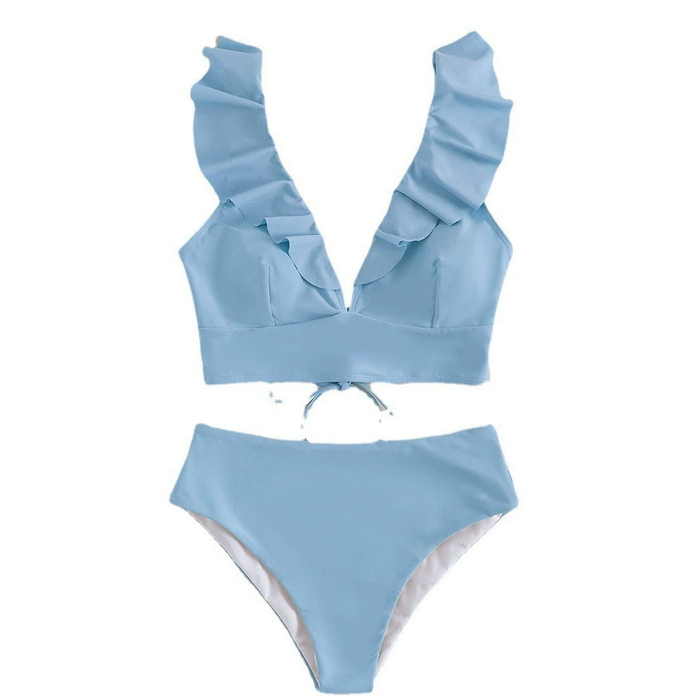 Ruffled Shoulder Deep V-Neck High-Waist Bikini Set view 5