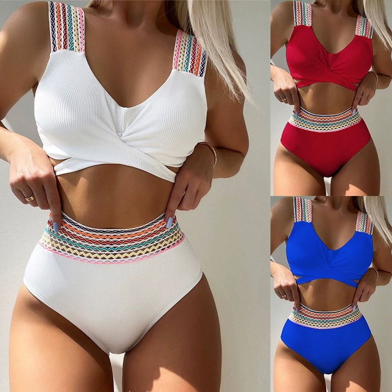 Two-Piece Bikini Set with V-Neck and High-Waist Bottom