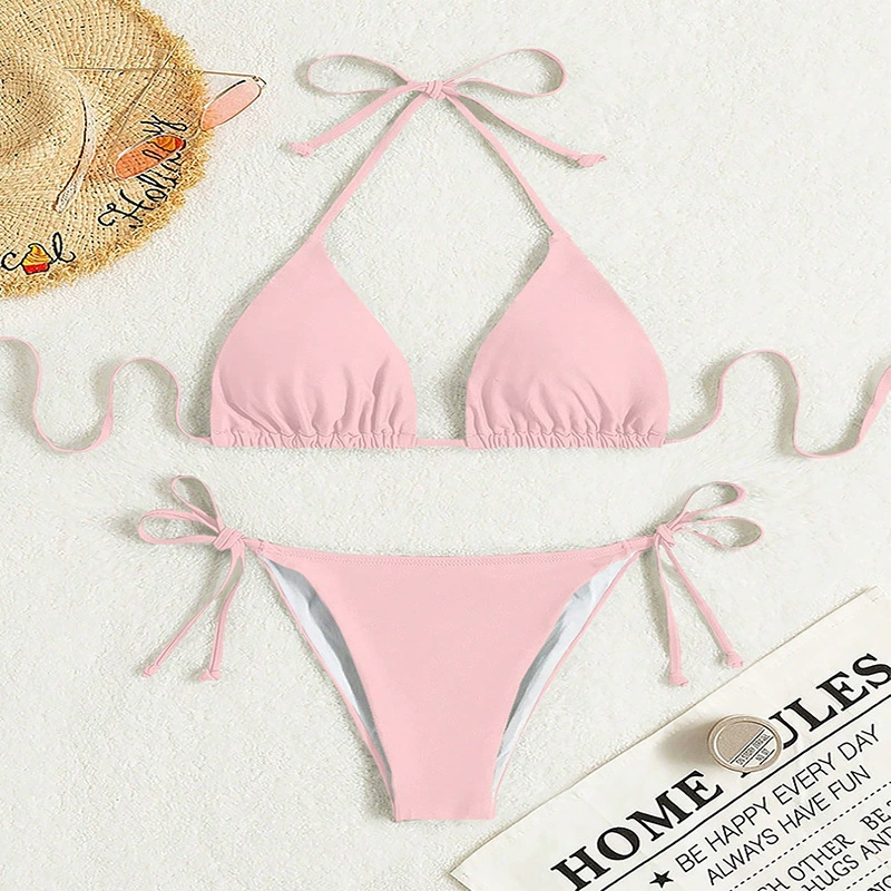 Women's Halter Triangle Bikini Set with Tie-Side Thong view 14