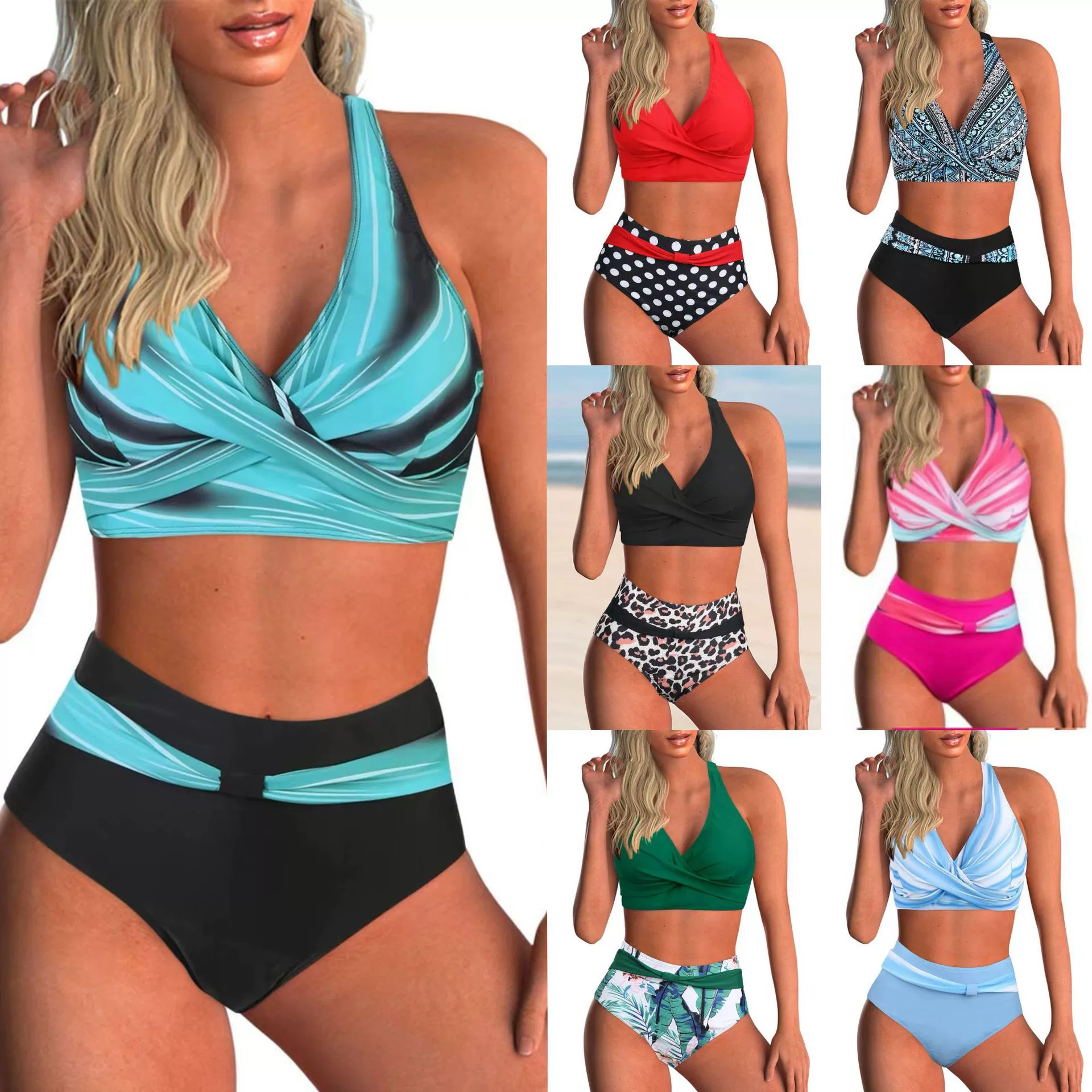 Wrap Front Bikini Set with High Waist Bottom