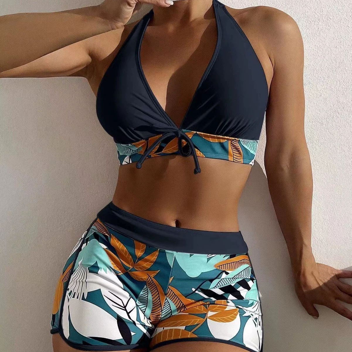 Halter Neck Two-Piece Swimsuit with High-Waist Boyshorts view 3
