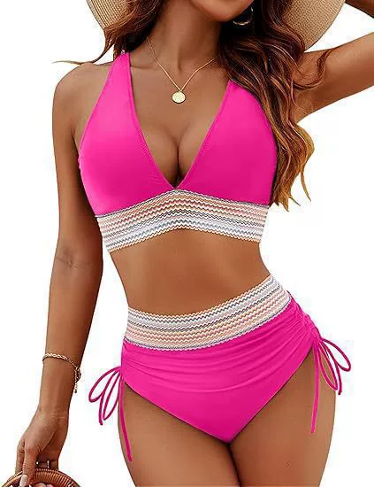 Women's Deep V-Neck High Waist Bikini Set with Side Ties view 13
