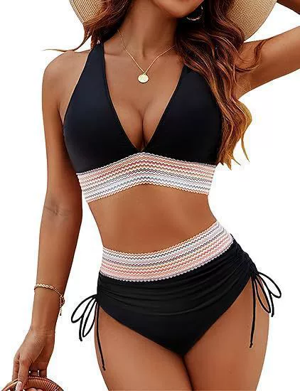 Women's Deep V-Neck High Waist Bikini Set with Side Ties view 6