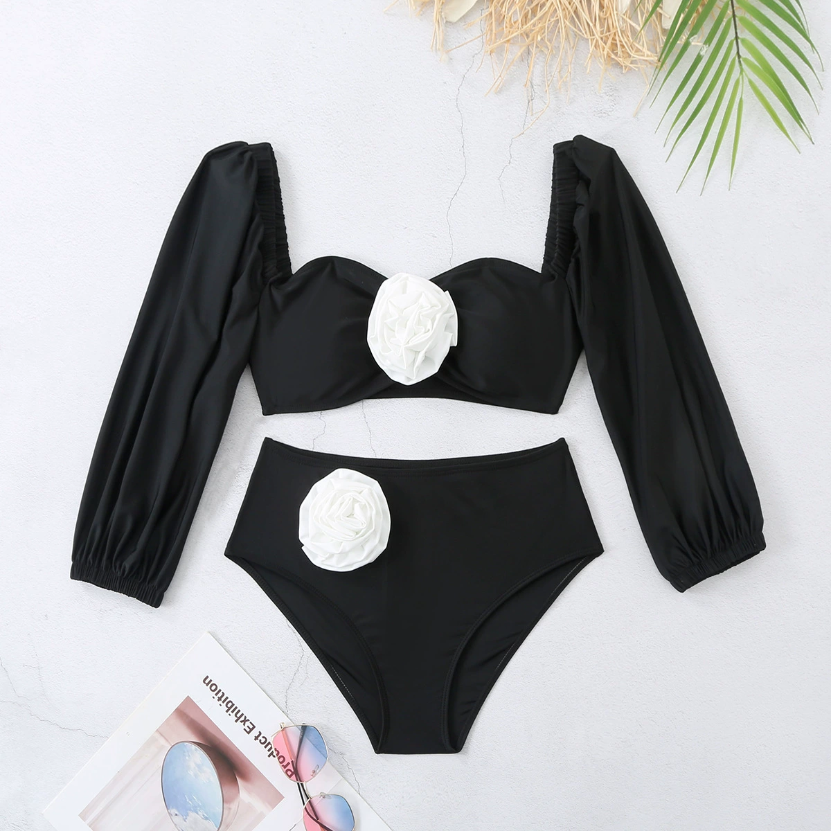 Two-Piece Long Sleeve Bikini Set with Sweetheart Neckline