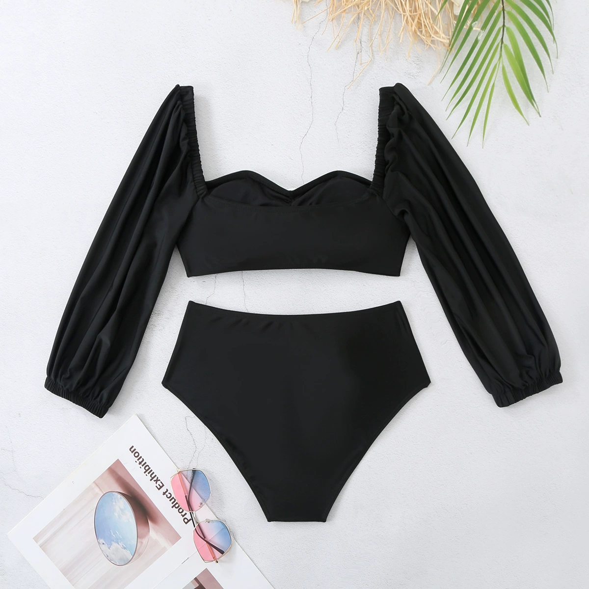 Two-Piece Long Sleeve Bikini Set with Sweetheart Neckline