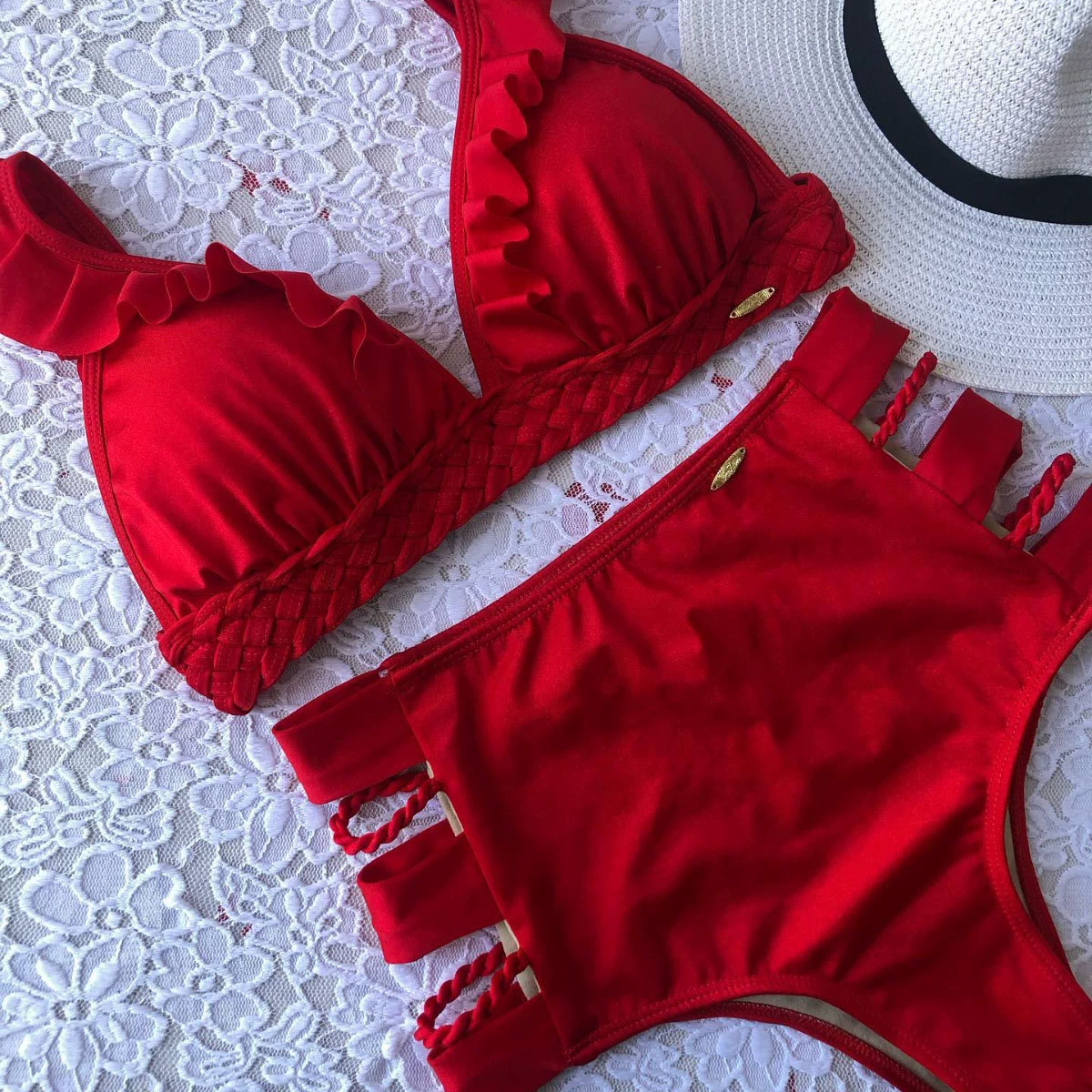 Ruffle Strap Triangle Bikini Set with High Waist Bottom