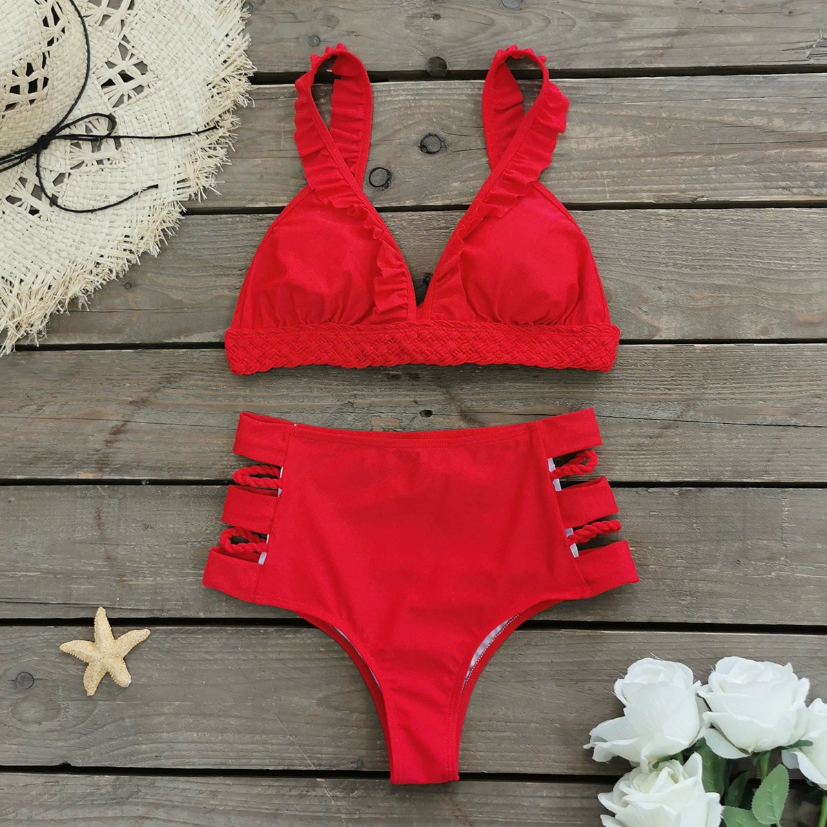 Ruffle Strap Triangle Bikini Set with High Waist Bottom
