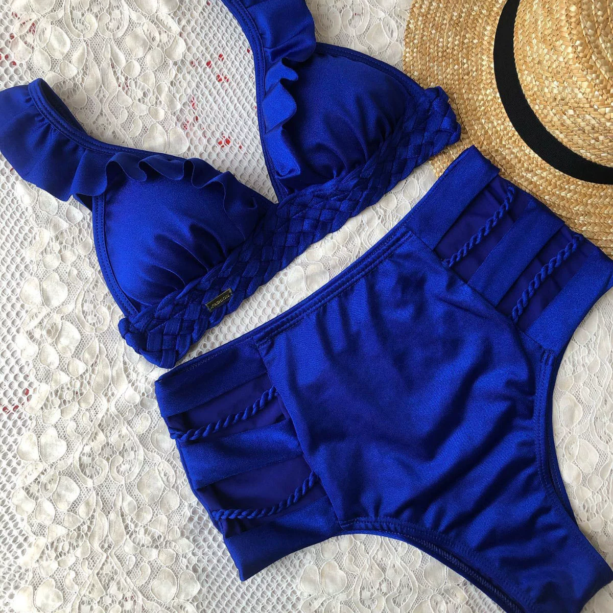 Ruffle Strap Triangle Bikini Set with High Waist Bottom view 3