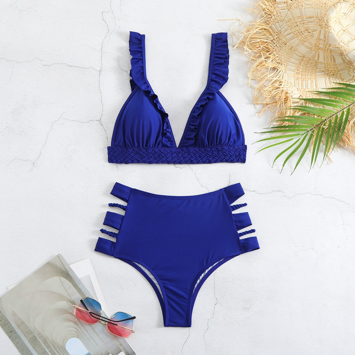 Ruffle Strap Triangle Bikini Set with High Waist Bottom view 4