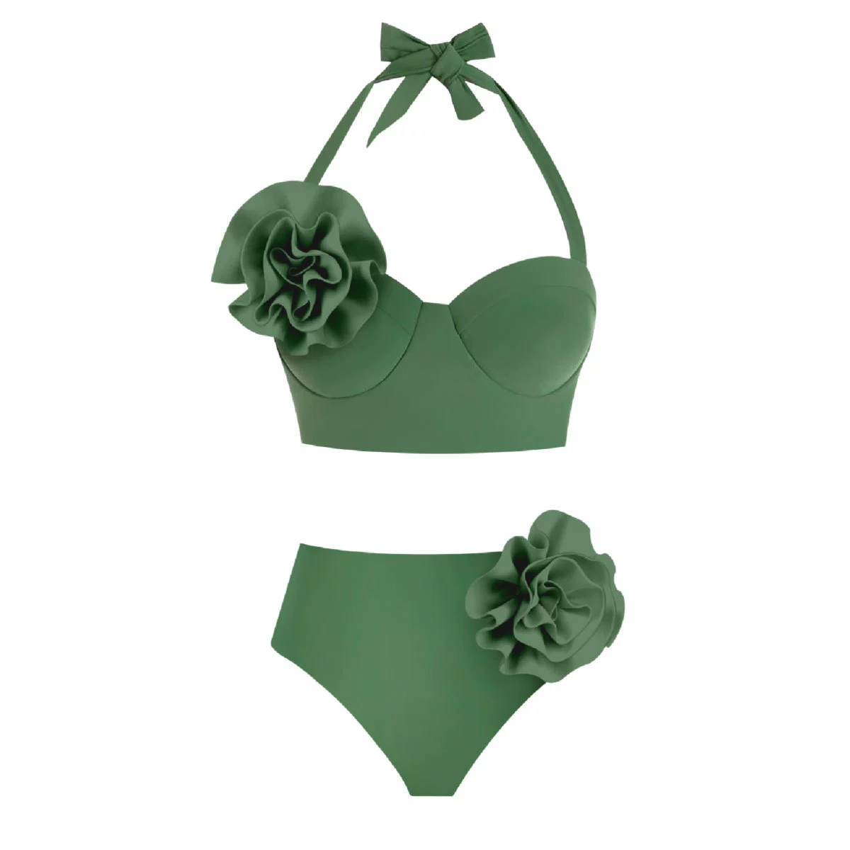 Women’s Halter Neck Bikini Set with Rosette Accent and Mid-Rise Bottom