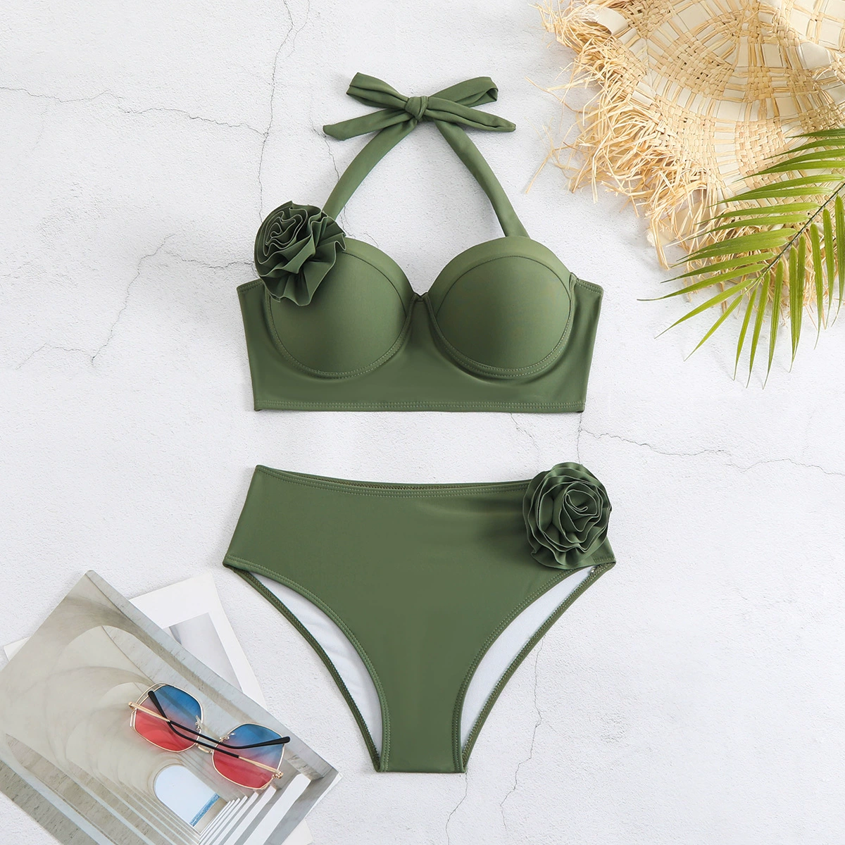 Women’s Halter Neck Bikini Set with Rosette Accent and Mid-Rise Bottom