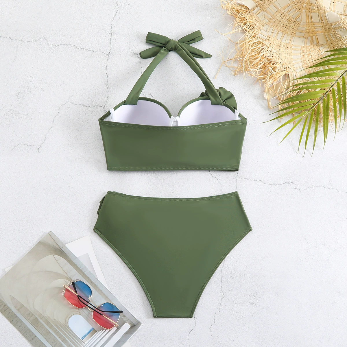 Women's Halter Neck Bikini Set with Rosette Accent and Mid-Rise Bottom view 3