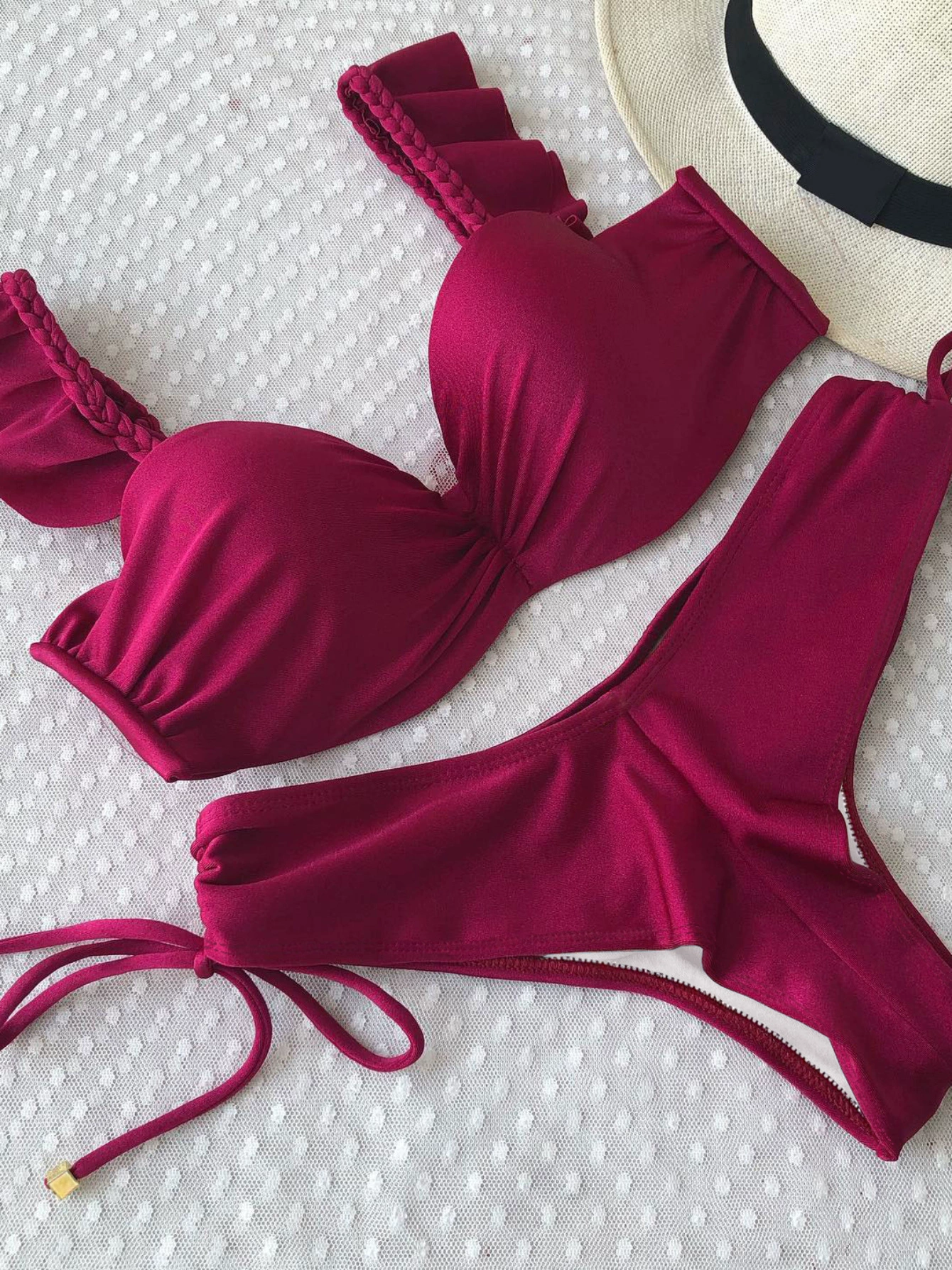 Two-Piece Bikini Set with Ruffled Straps and Side-Tie Bottom