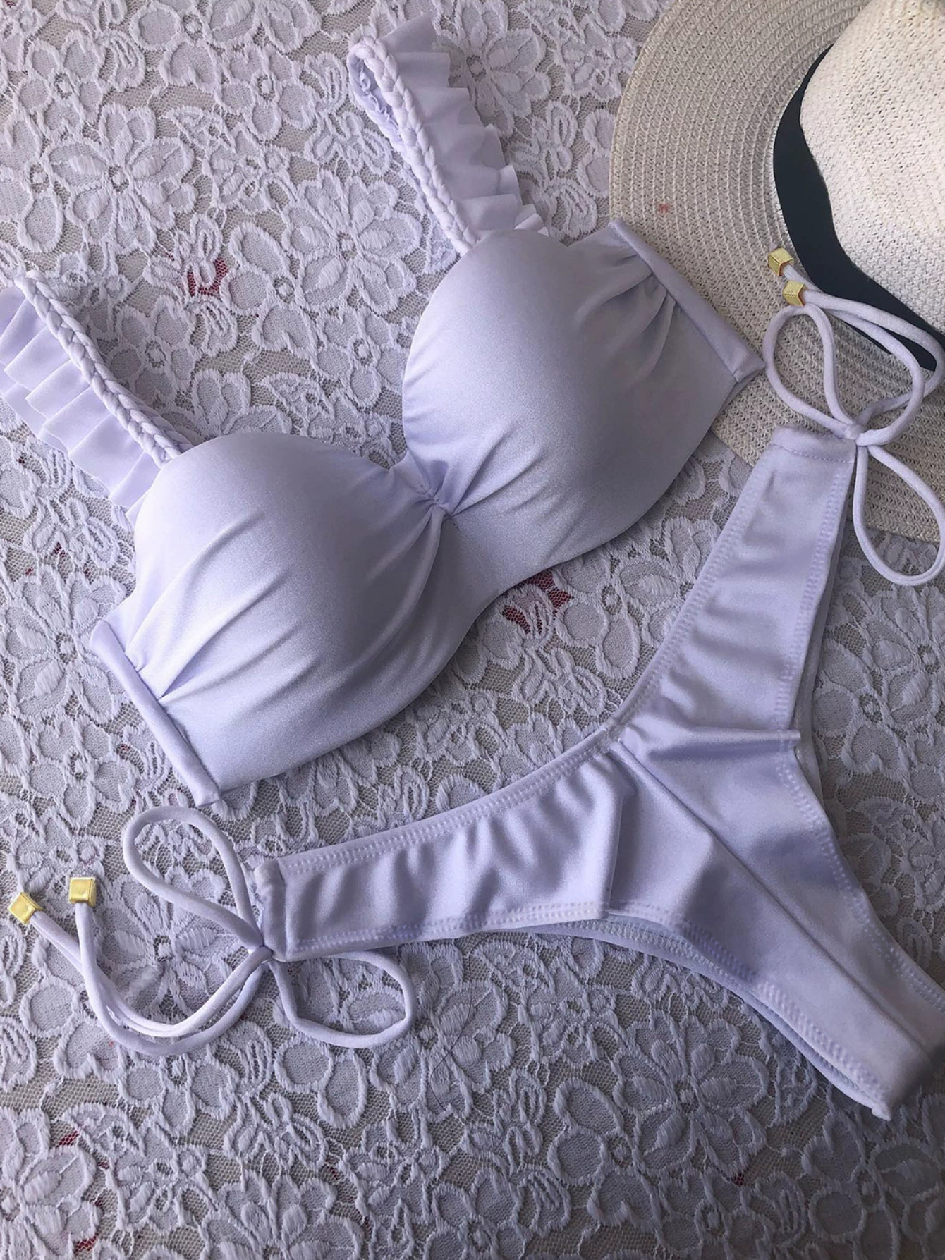 Two-Piece Bikini Set with Ruffled Straps and Side-Tie Bottom