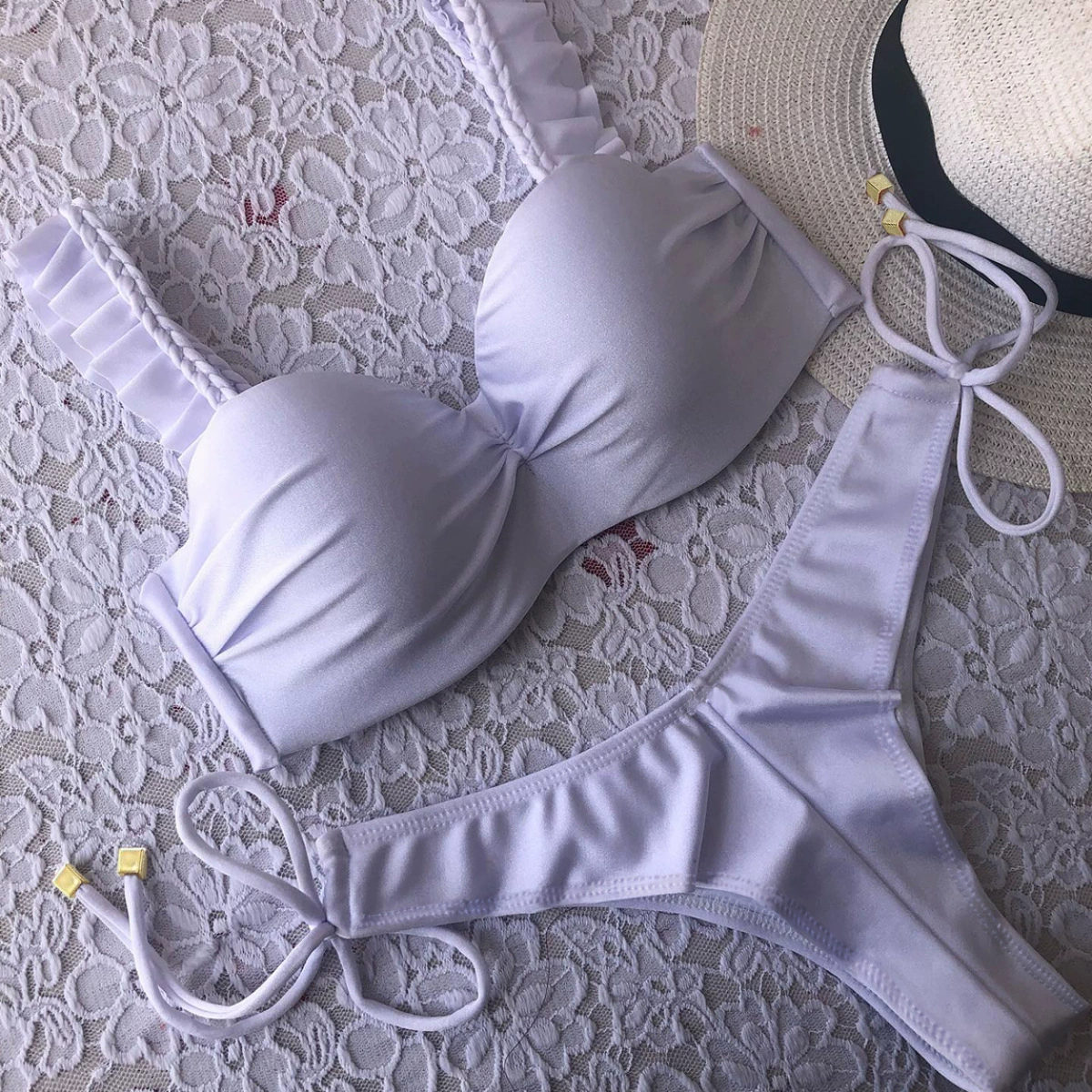 Two-Piece Bikini Set with Ruffled Straps and Side-Tie Bottom view 6