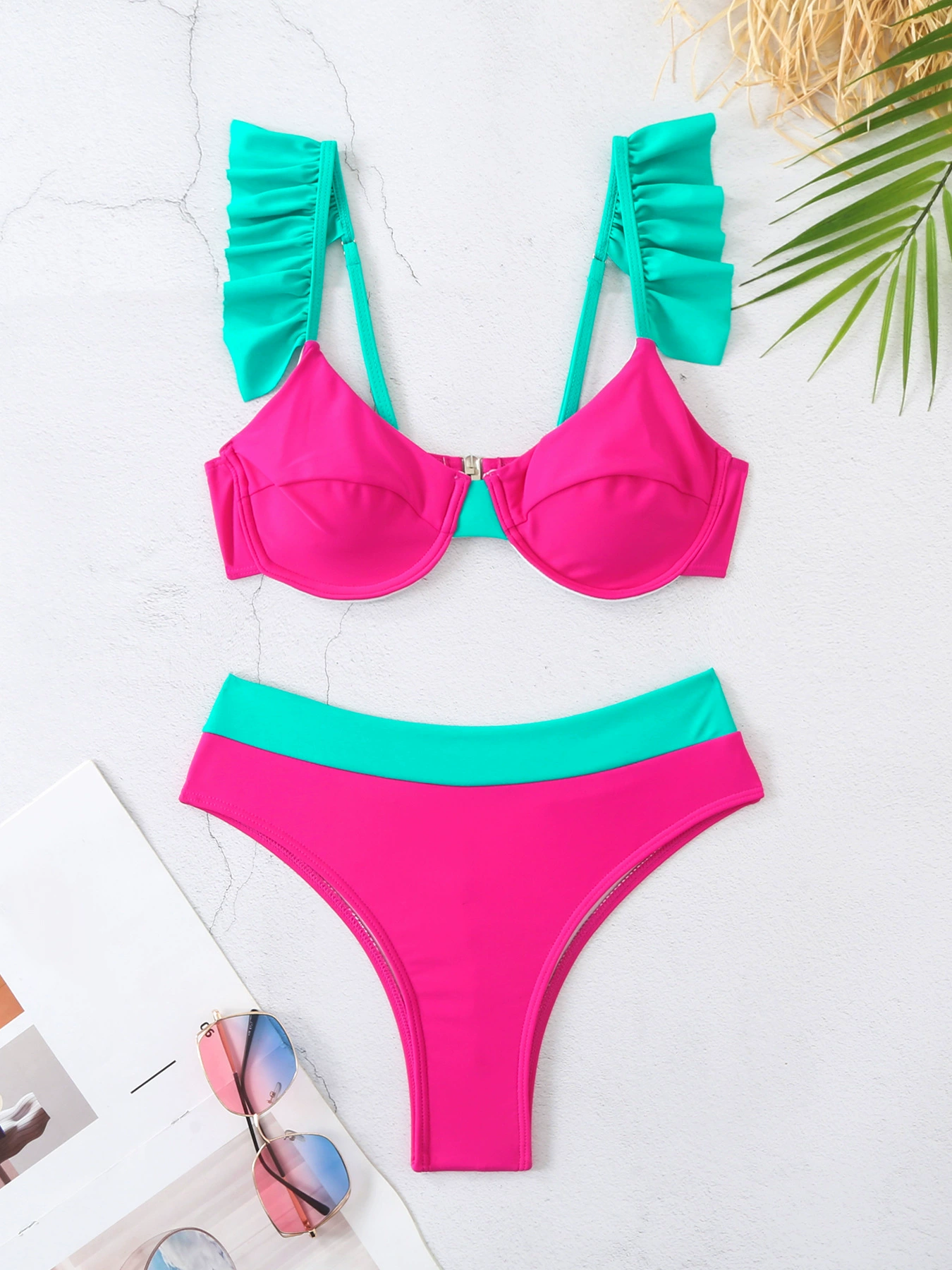 Bikini Set with Ruffled Straps and Underwire Cups