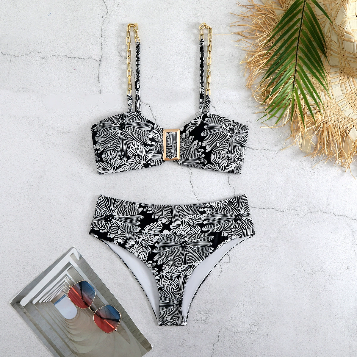 Chain Strap Bandeau Bikini Set with High Waist Bottom