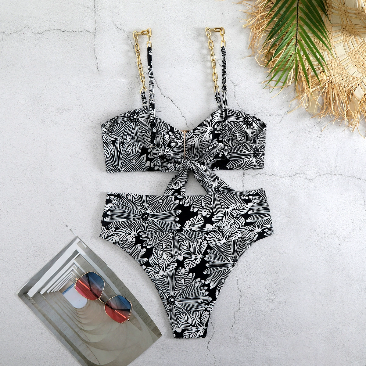 Chain Strap Bandeau Bikini Set with High Waist Bottom