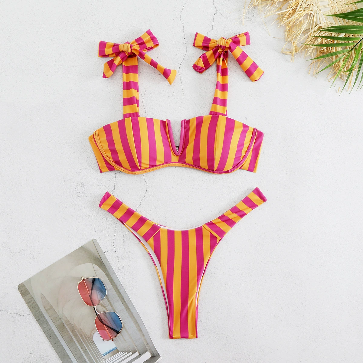 Two-Piece Bikini Set with V-Neck Top and Adjustable Bow Straps