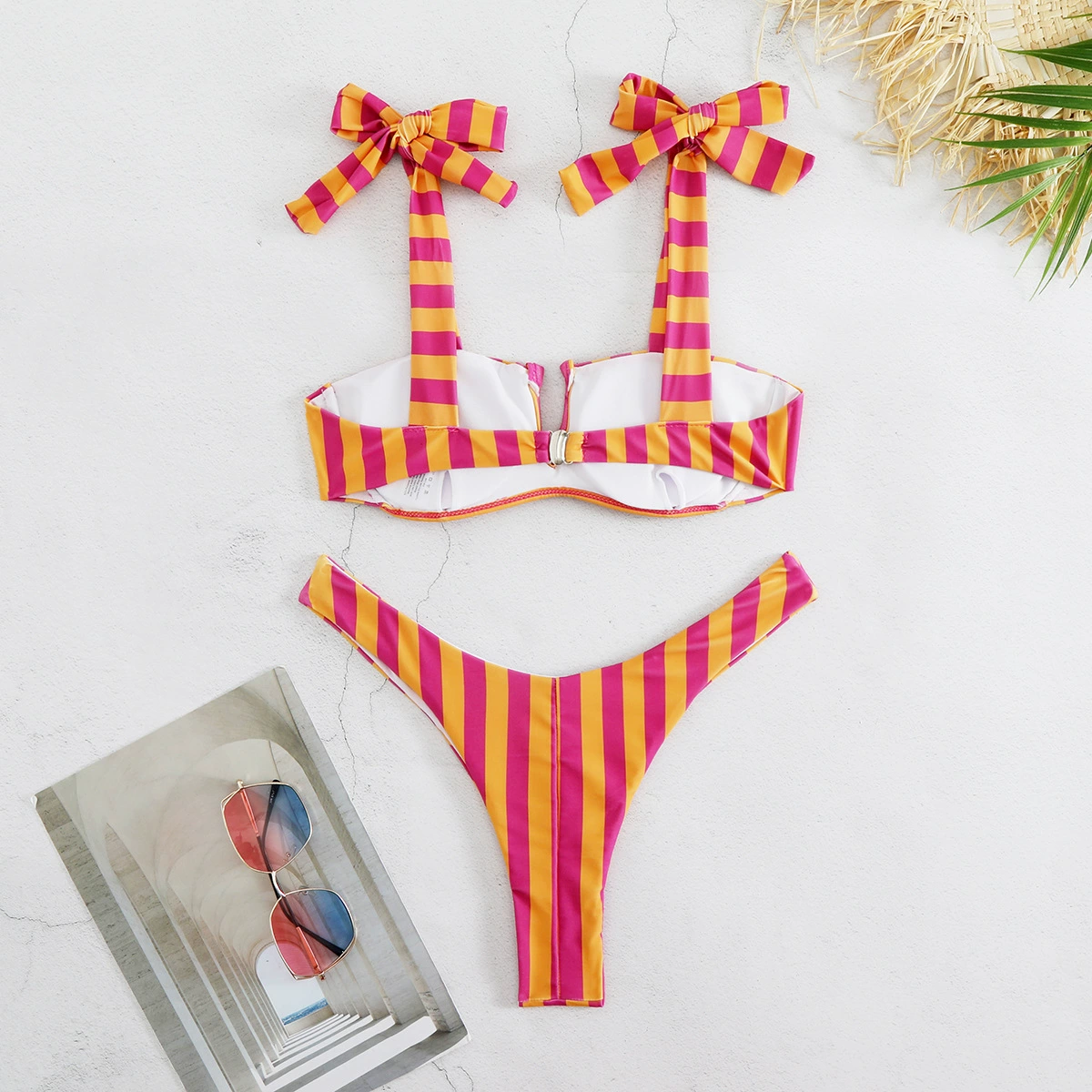 Two-Piece Bikini Set with V-Neck Top and Adjustable Bow Straps