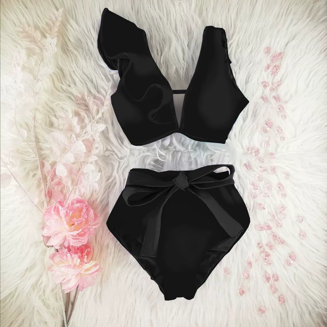 Ruffle V-Neck High-Waist Bikini Set with Bow