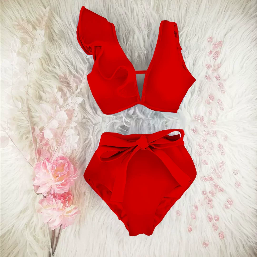 Ruffle V-Neck High-Waist Bikini Set with Bow