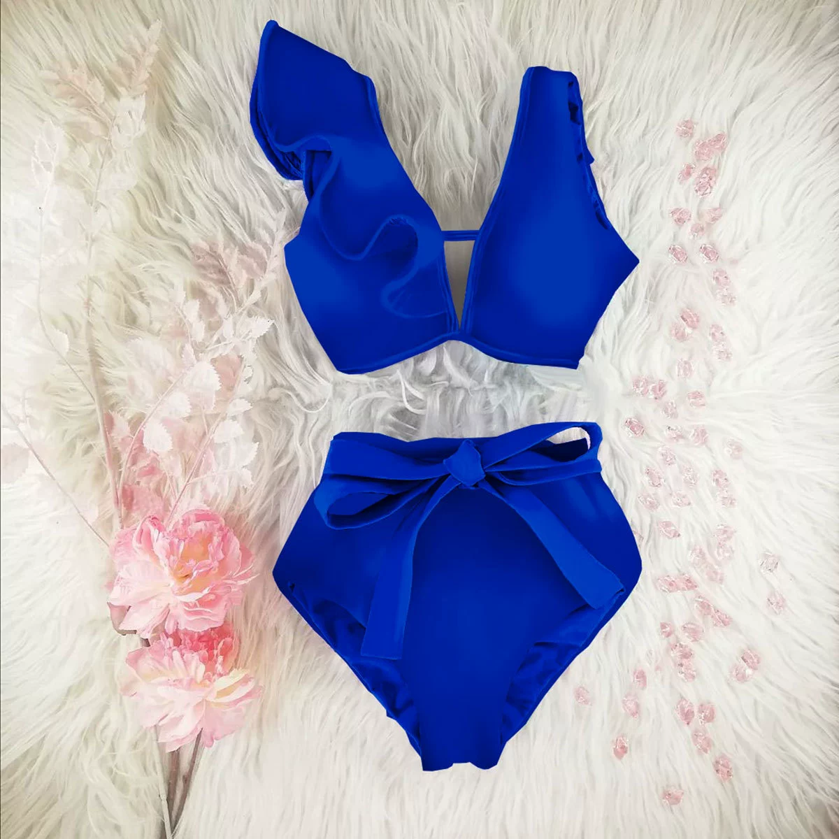 Ruffle V-Neck High-Waist Bikini Set with Bow view 3
